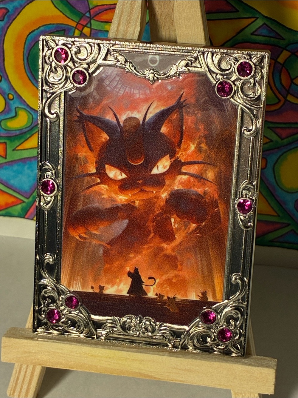 Rare Meowth Silver Metal Pokemon Card with Purple Gemstones Serialized 16/34